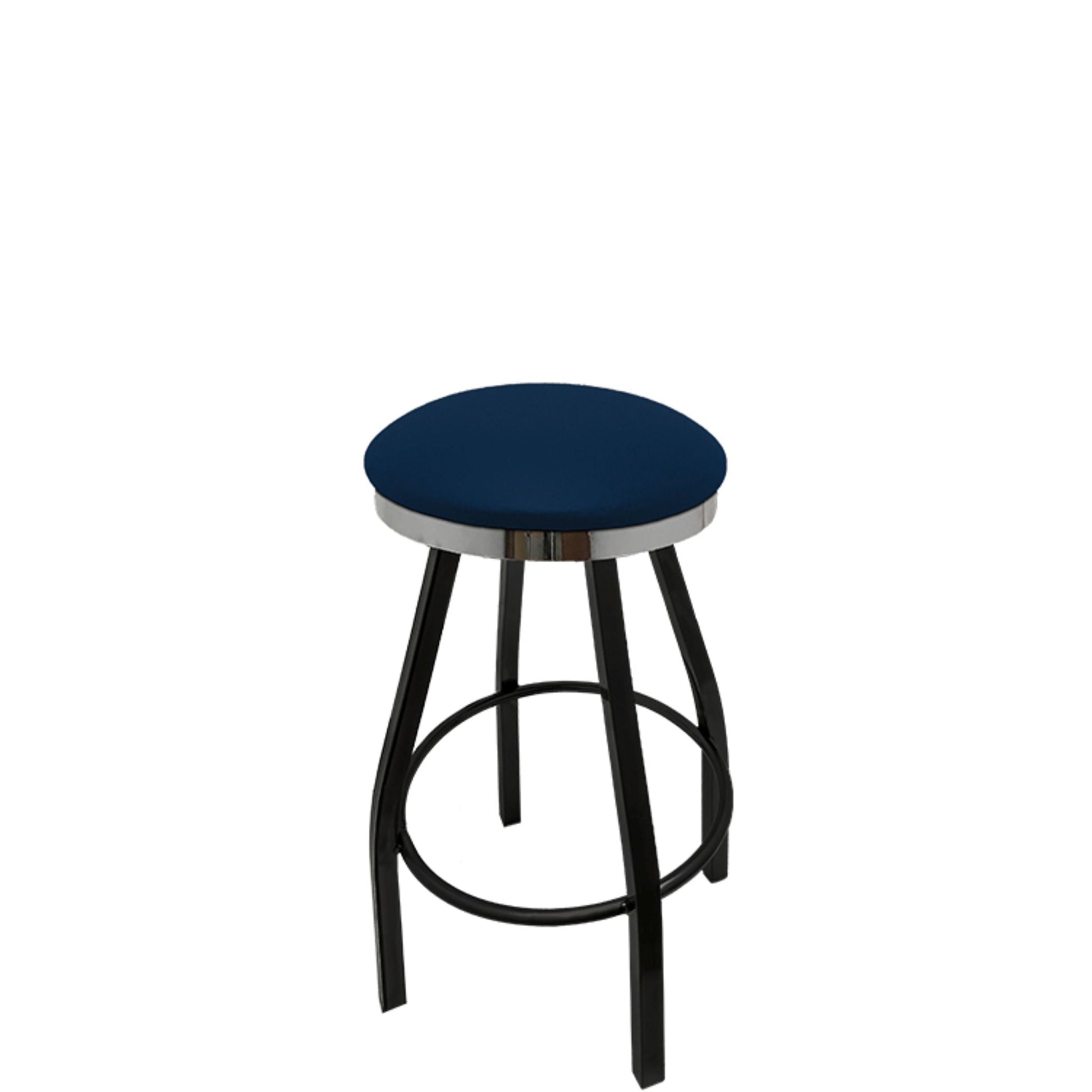 Slimline button top barstool with chrome swivel ring  and navy vinyl seat