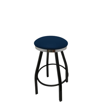 Slimline button top barstool with chrome swivel ring  and navy vinyl seat