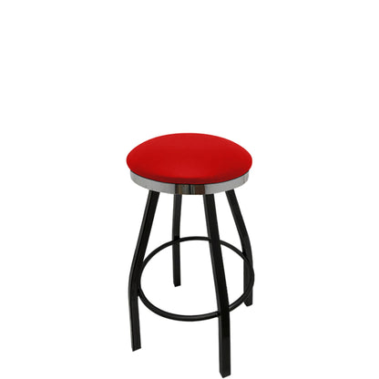 Slimline button top barstool with chrome swivel ring  and red vinyl seat