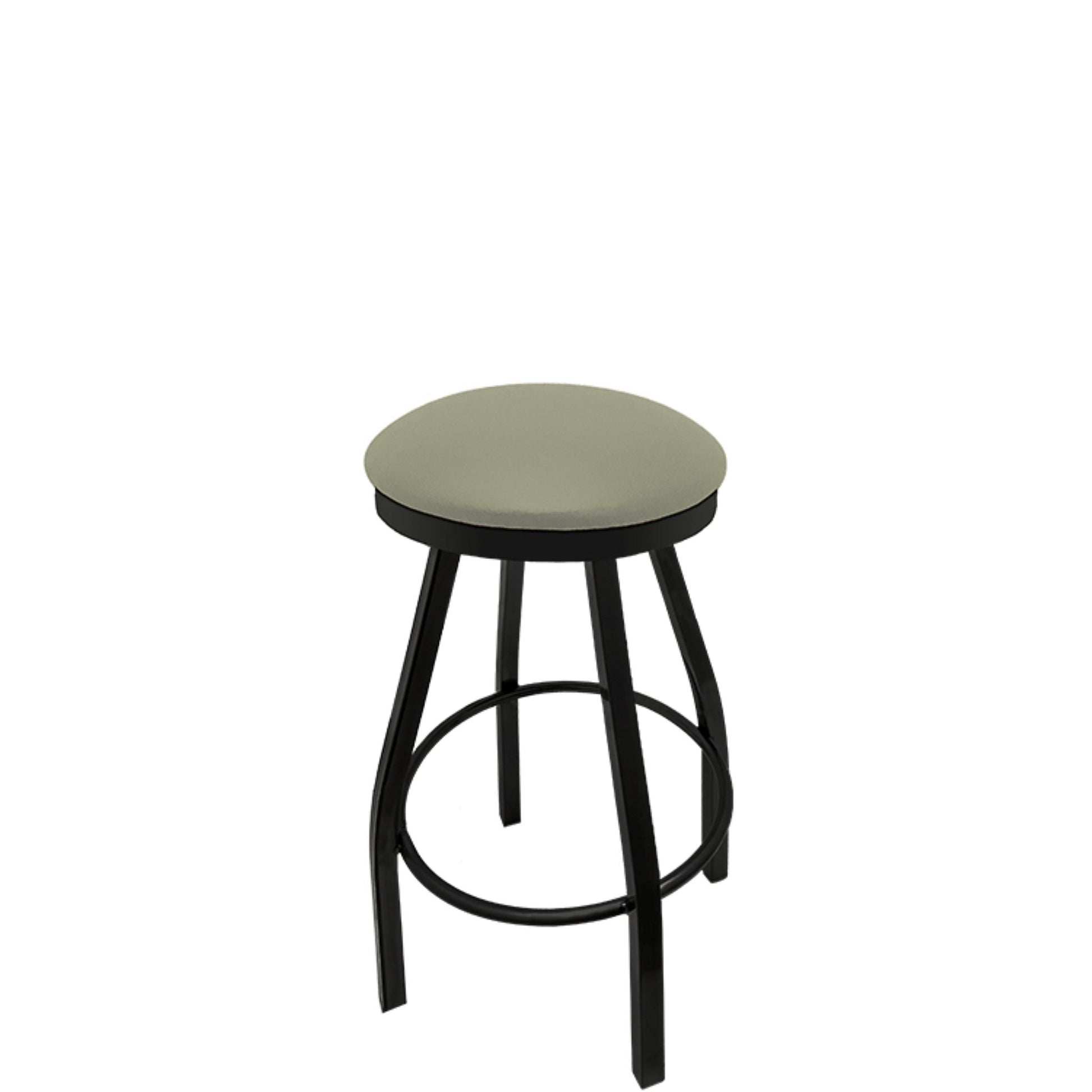 Slimline button top barstool with black swivel frame and dove gray vinyl seat
