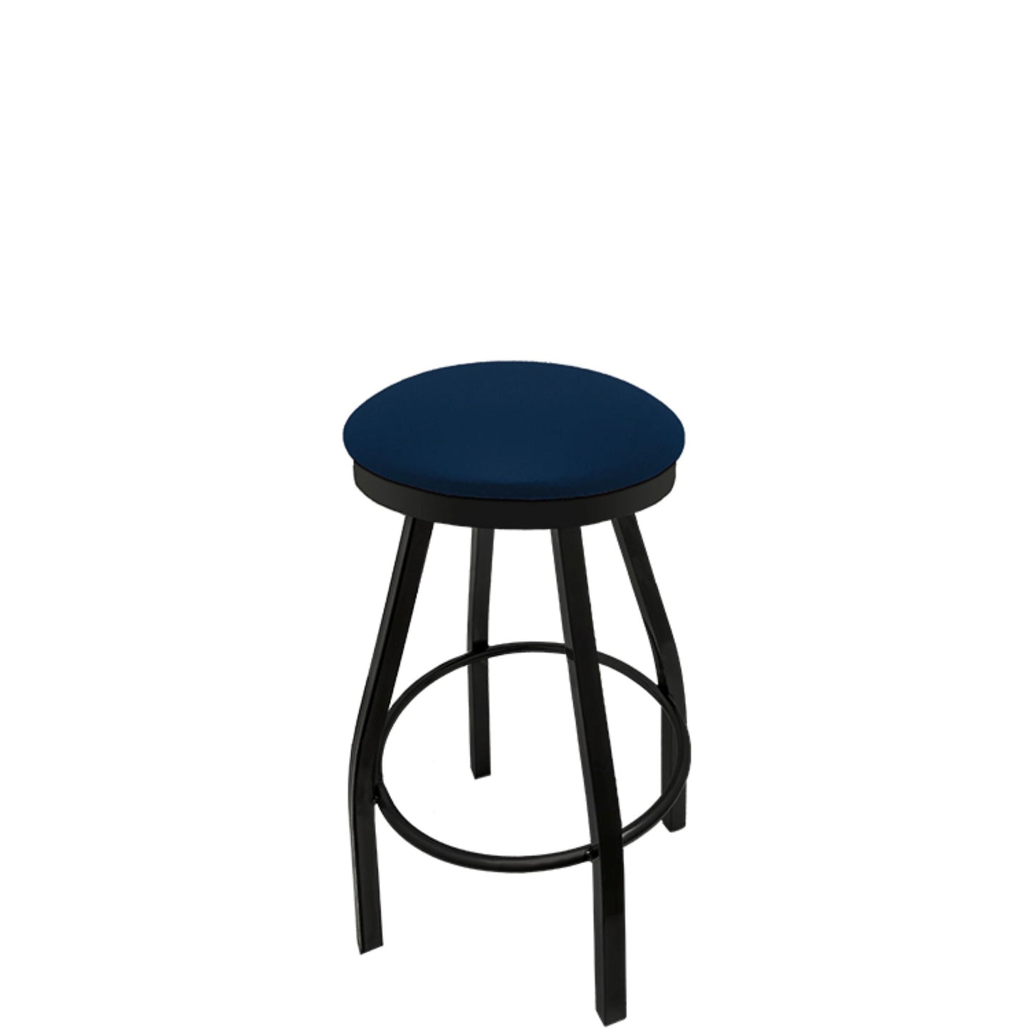 Slimline button top barstool with black swivel frame and navy vinyl seat
