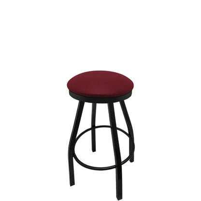 Slimline button top barstool with black swivel frame and wine vinyl seat