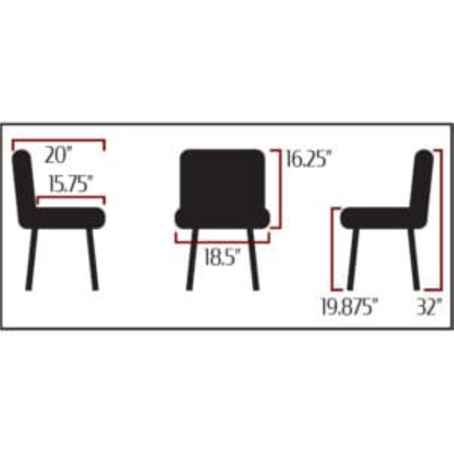 Amata chair with tufted bucket seat in black vinyl and faux black woodgrain metal frame. Side view with product dimensions