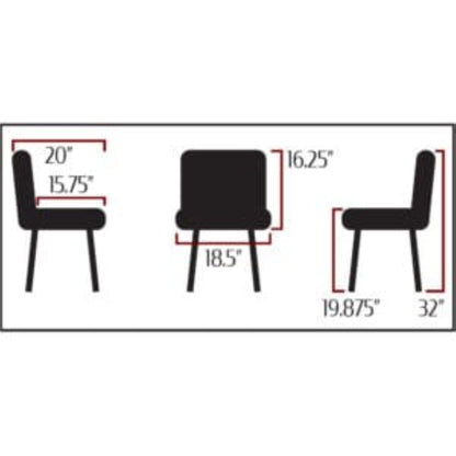 Amata chair with tufted bucket seat in black vinyl and faux black woodgrain metal frame. Side view with product dimensions
