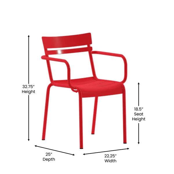 Red steel indoor-outdoor arm chair with slatted seat and back, suitable for patios and restaurants with dimensions