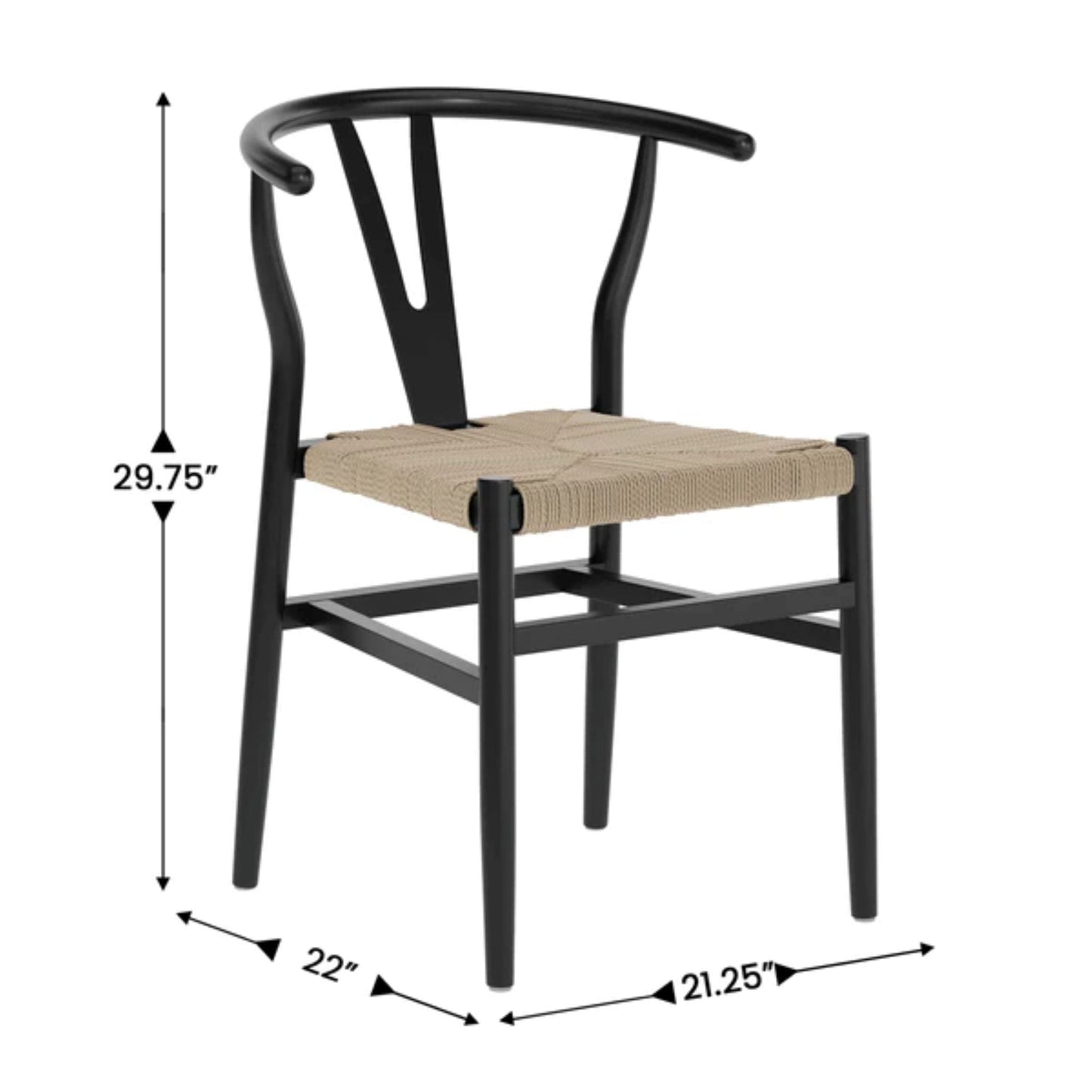 Angled view of black frame wishbone dining chair showcasing modern black finish and woven seat with dimensions.