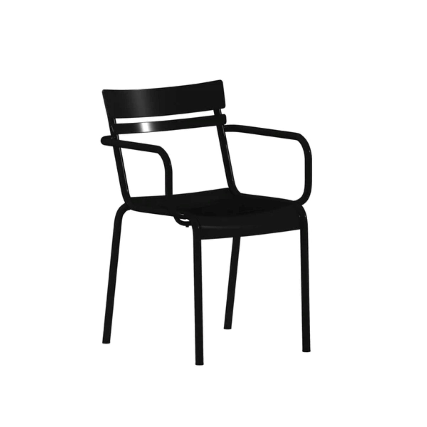 Angled view of black slatted steel stack chair with rounded arms for comfort.
