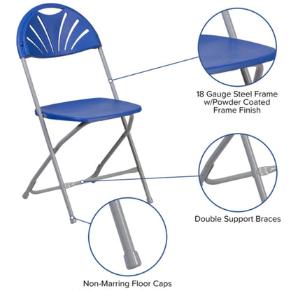 Angled view of burgundy fan back event chair with non-marring floor caps with features highlights.
