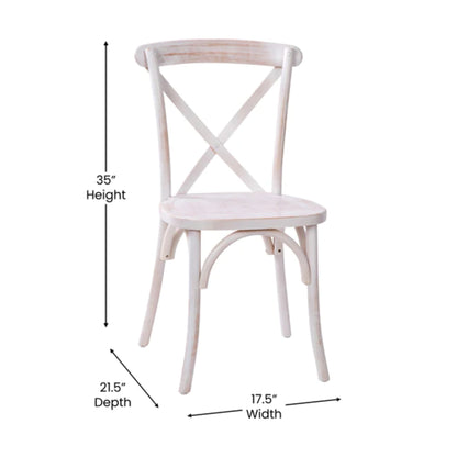Elm wood X-Back dining chair in lime wash finish with soft, vintage patina with dimensions