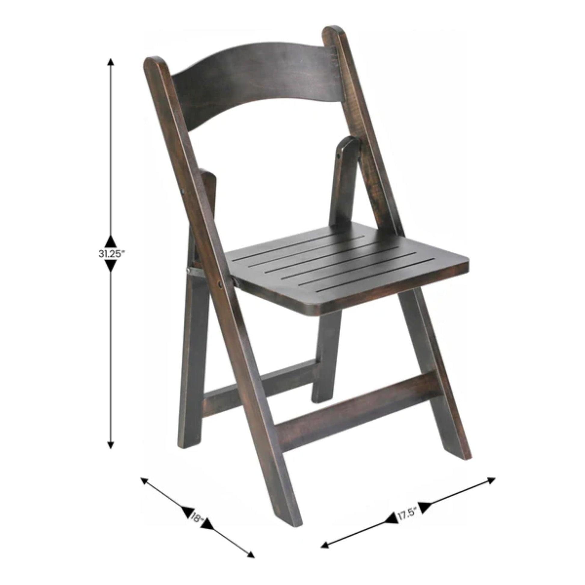 Dimensions for Early American wood folding dining chair shown open and ready for seating 