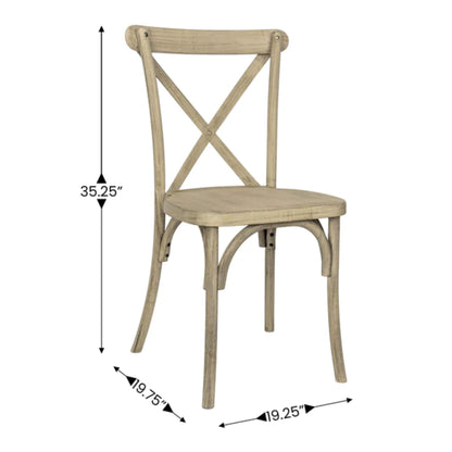 Resin cross back chair in light oak wood-look finish for indoor-outdoor dining spaces with dimensions
