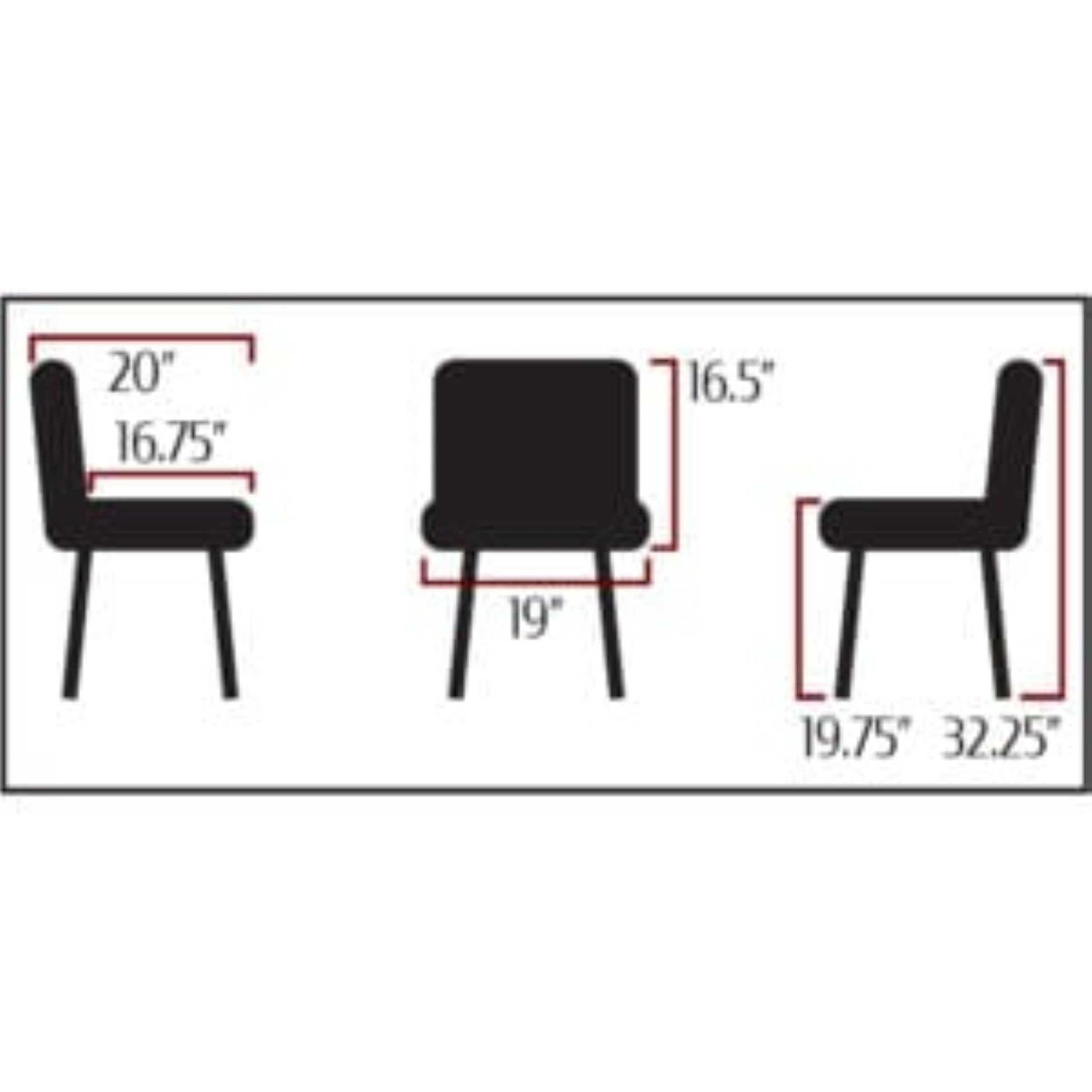 Diagram of a black chair with measurements on a white background