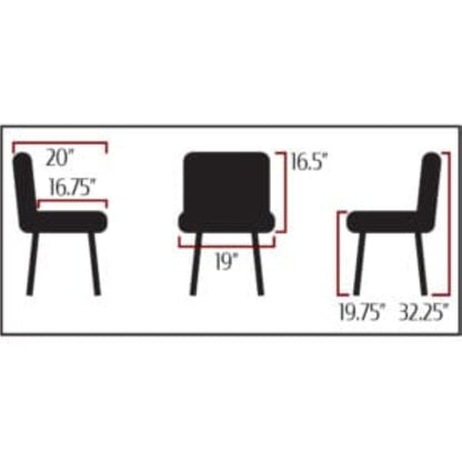 Diagram of a black chair with measurements on a white background