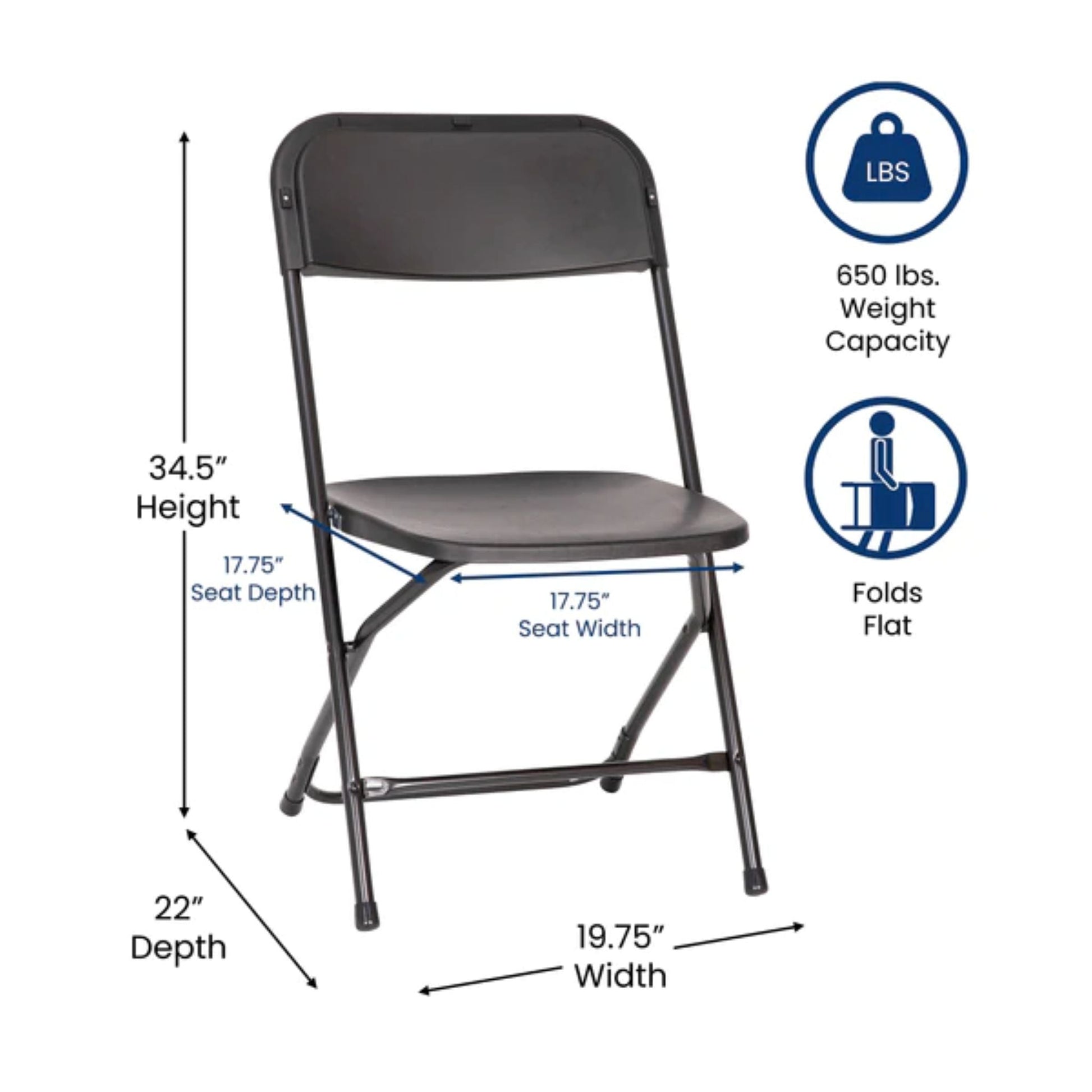 Black folding chair with measurements and icons indicating weight capacity and foldability on a white background.