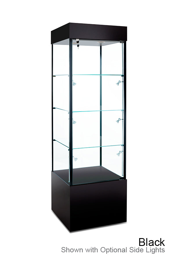 Euro Square glass display tower with clear tempered-glass sides, adjustable shelves, and LED top lighting