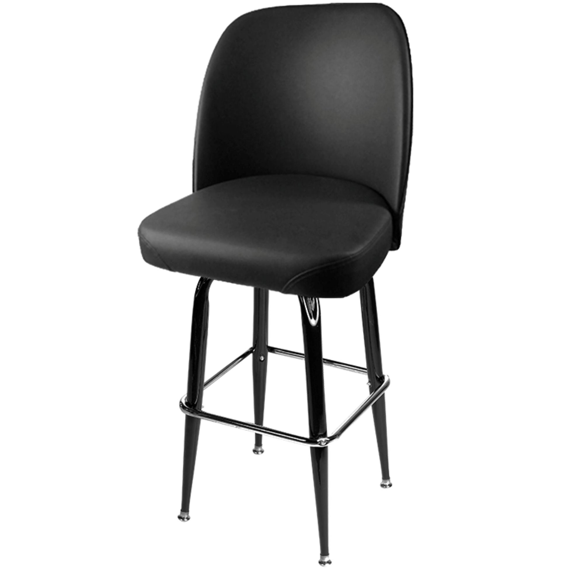 Standard bucket barstool with gloss black square swivel frame and black upholstered seat