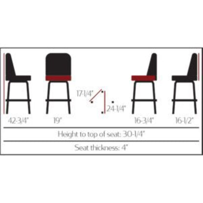 Standard bucket barstool with gloss black square swivel frame and espresso upholstered seat dimensions