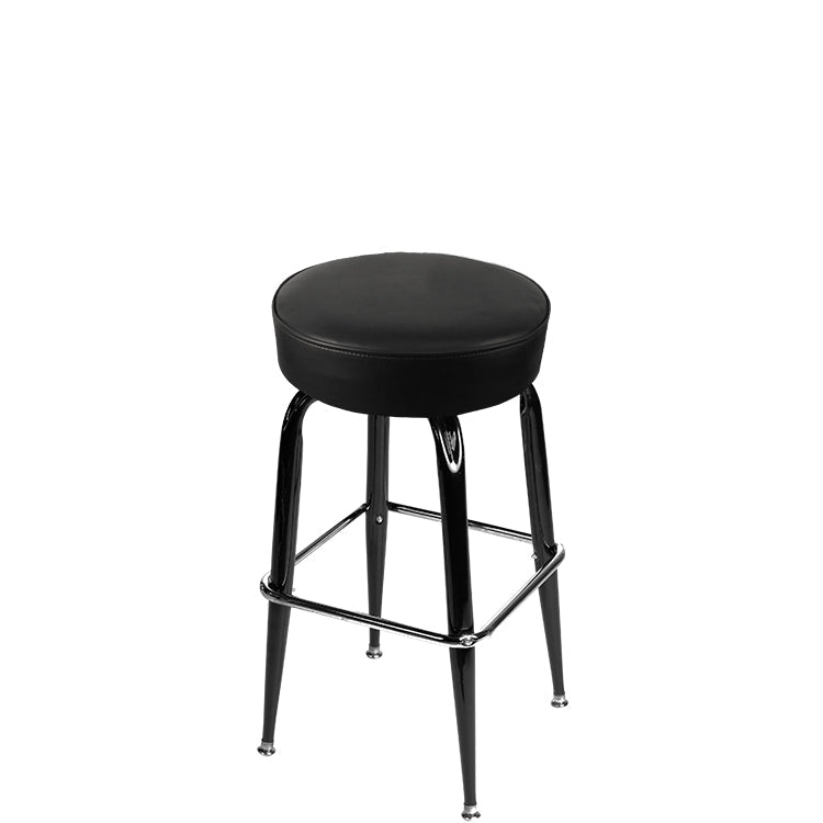 Standard button top barstool with gloss black swivel frame and black vinyl seat