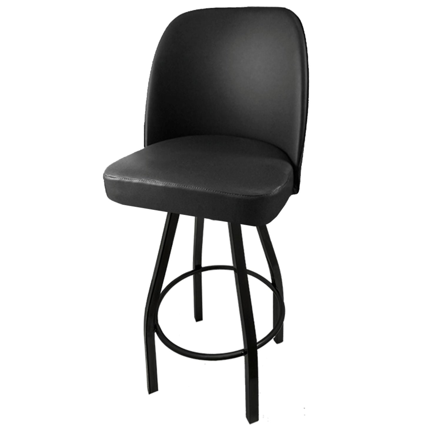 Standard bucket barstool with black swivel frame and non-waterfall black vinyl seat