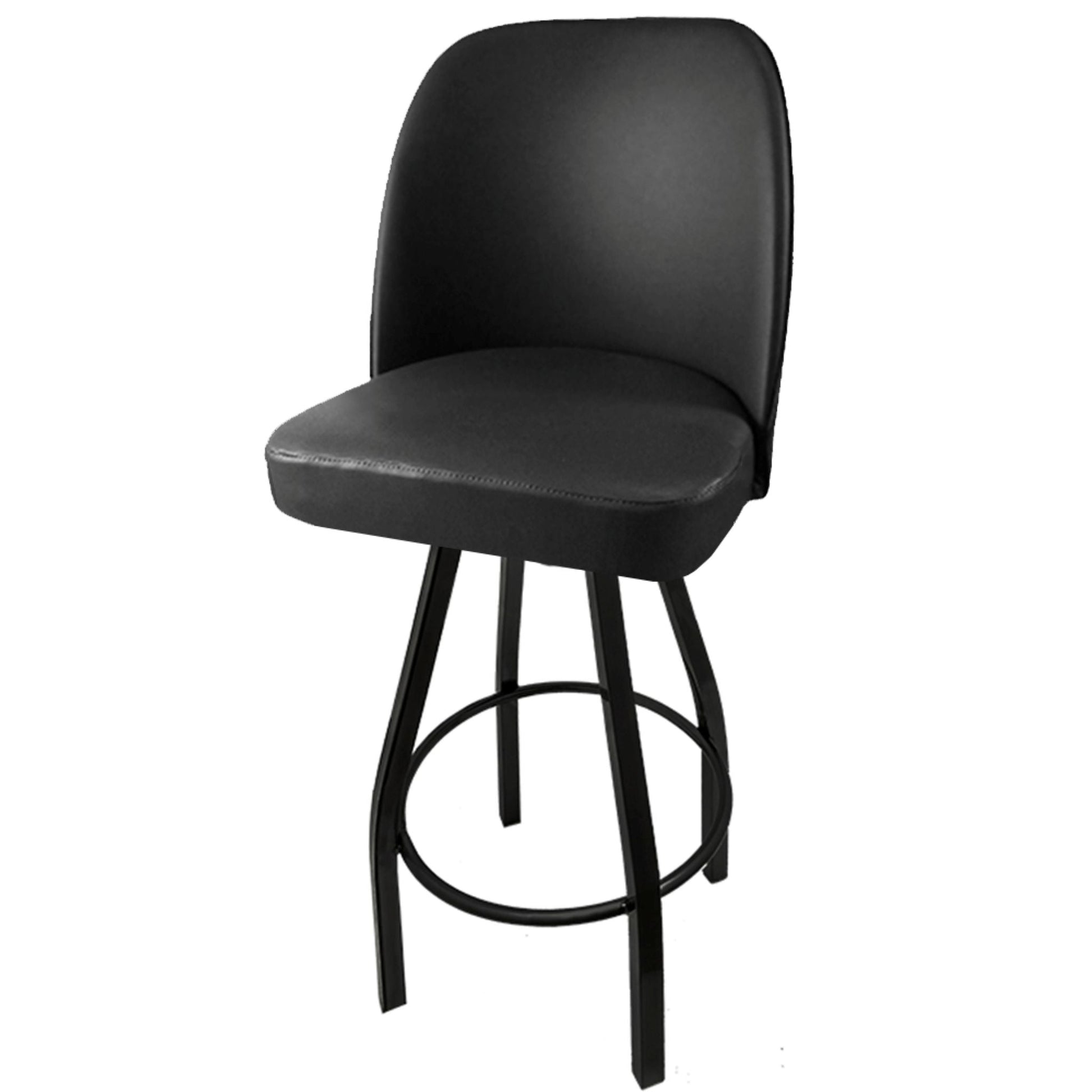 Standard bucket barstool with black swivel frame and non-waterfall black vinyl seat