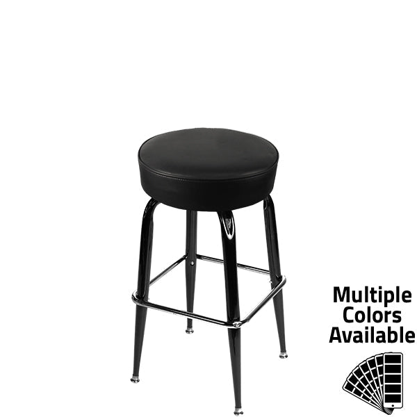Standard button top barstool with gloss black swivel frame and espresso vinyl seat