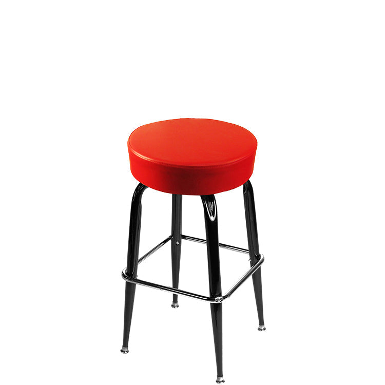 Standard button top barstool with gloss black swivel frame and red vinyl seat