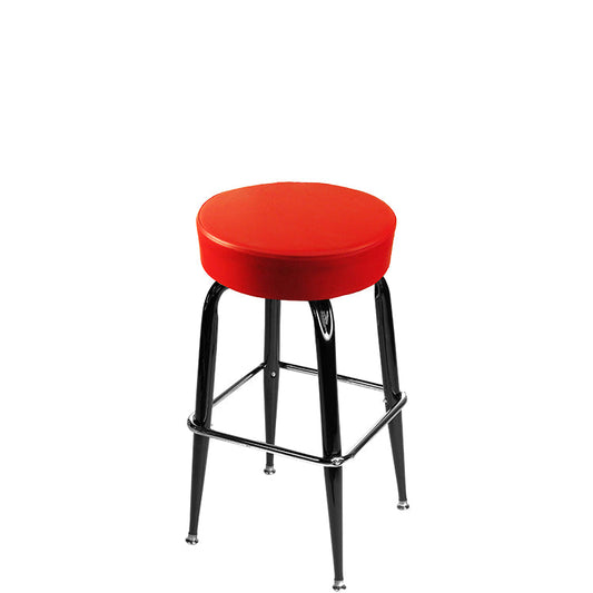 Standard button top barstool with gloss black swivel frame and red vinyl seat