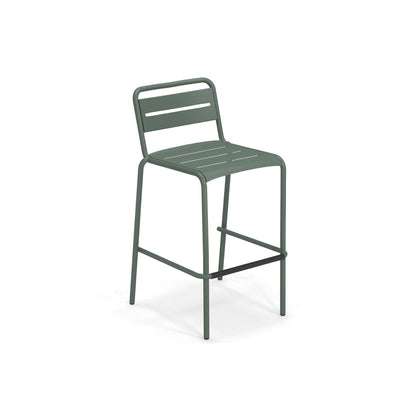 Dark green Emu Star Bar E164N indoor–outdoor barstool with slatted steel seat and back