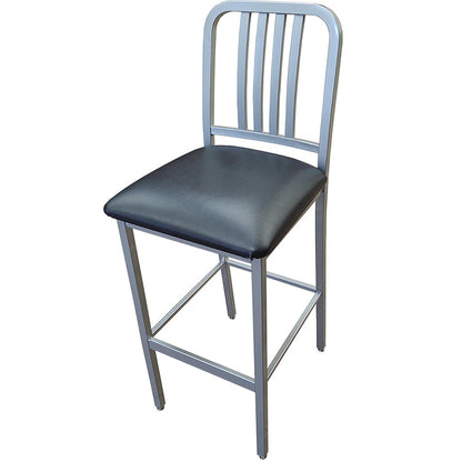 Commercial steel barstool with black cushioned vinyl seat and non-marring glides