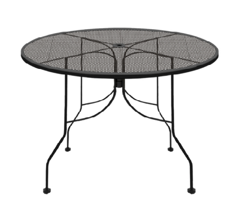 Outdoor metal round patio table with diamond mesh surface and weather-resistant black steel base