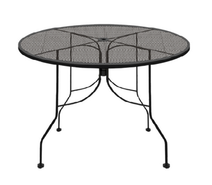 Outdoor metal round patio table with diamond mesh surface and weather-resistant black steel base
