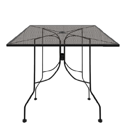 Outdoor metal square patio table with diamond mesh tabletop and black powder-coated steel frame