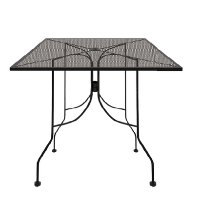 Outdoor metal square patio table with diamond mesh tabletop and black powder-coated steel frame