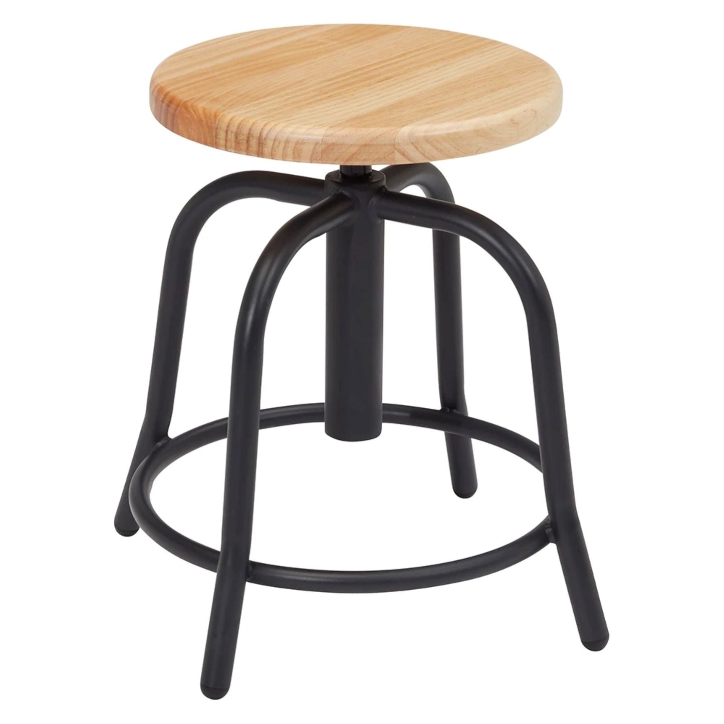 Round backless swivel stool with oak-finish wood seat and black adjustable frame