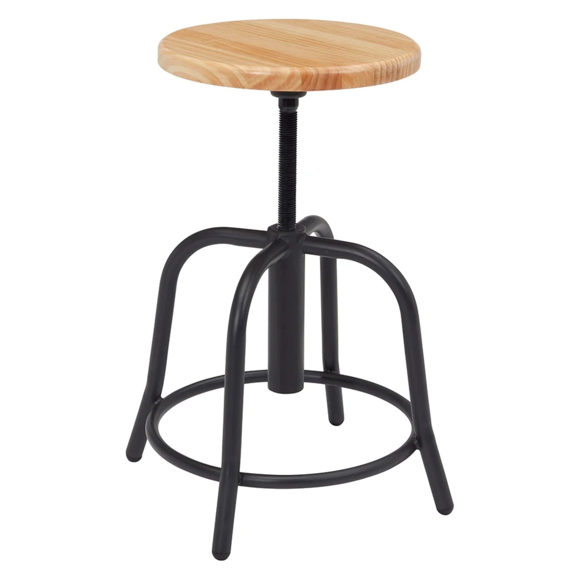 Commercial round swivel stool with wood seat, black frame, and 4-leg base with glides
