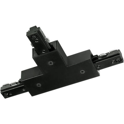Black T-connector for single-circuit track lighting showing the three-way connection ports and power feed knockout for Halo-compatible track systems.