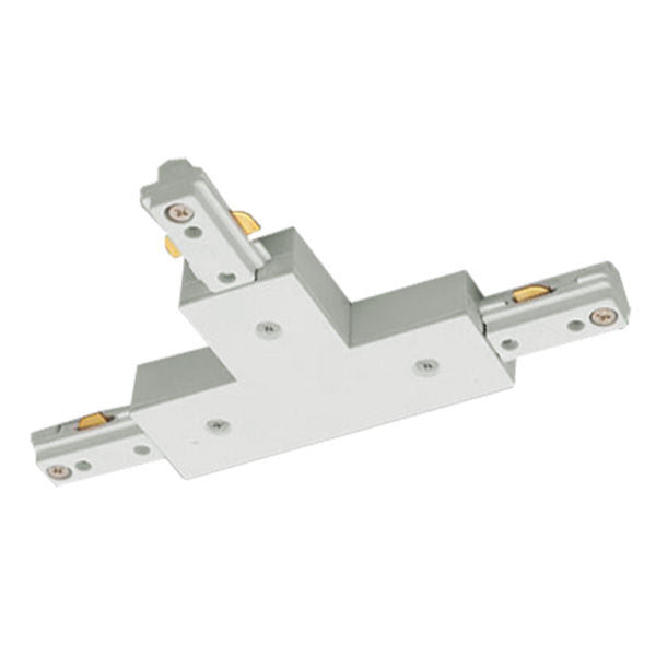 White T-connector for single-circuit track lighting featuring the T-shaped design with three connection ports and a built-in power feed knockout.
