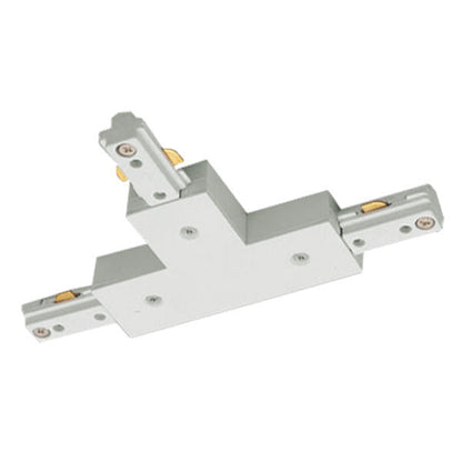 White T-connector for single-circuit track lighting featuring the T-shaped design with three connection ports and a built-in power feed knockout.