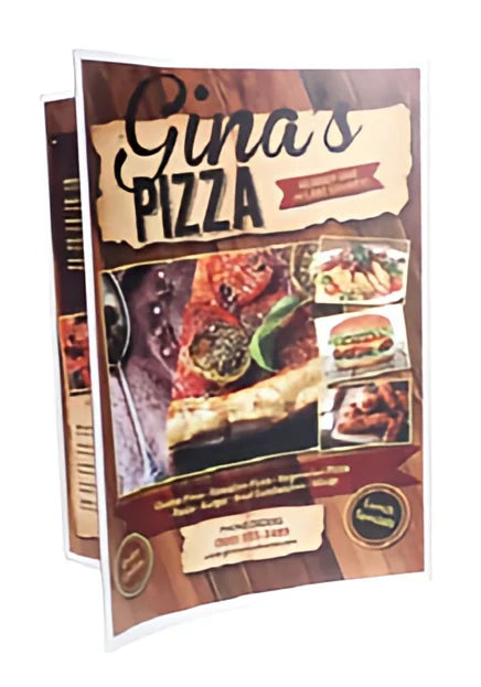 Triple countertop clear PVC sign holder displaying three vertical 8.5x11 menu inserts, curved side panels, freestanding on tabletop