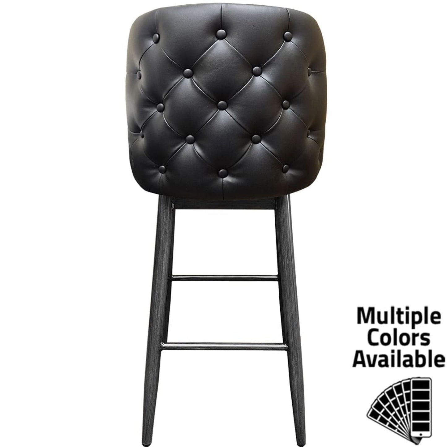 Amata barstool with tufted bucket, driftwood frame and black upholstered seat