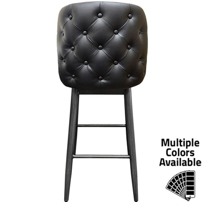 Amata barstool with tufted bucket, driftwood frame and black upholstered seat
