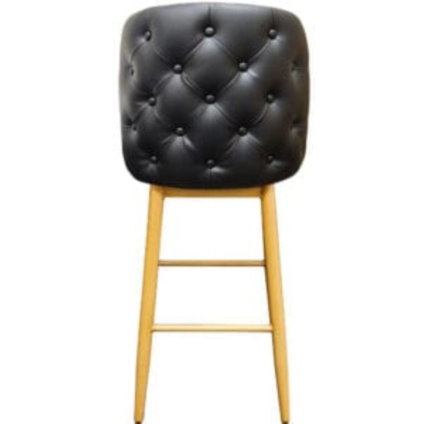 Amata barstool with tufted bucket, natural clear-coat frame and black upholstered seat rear view