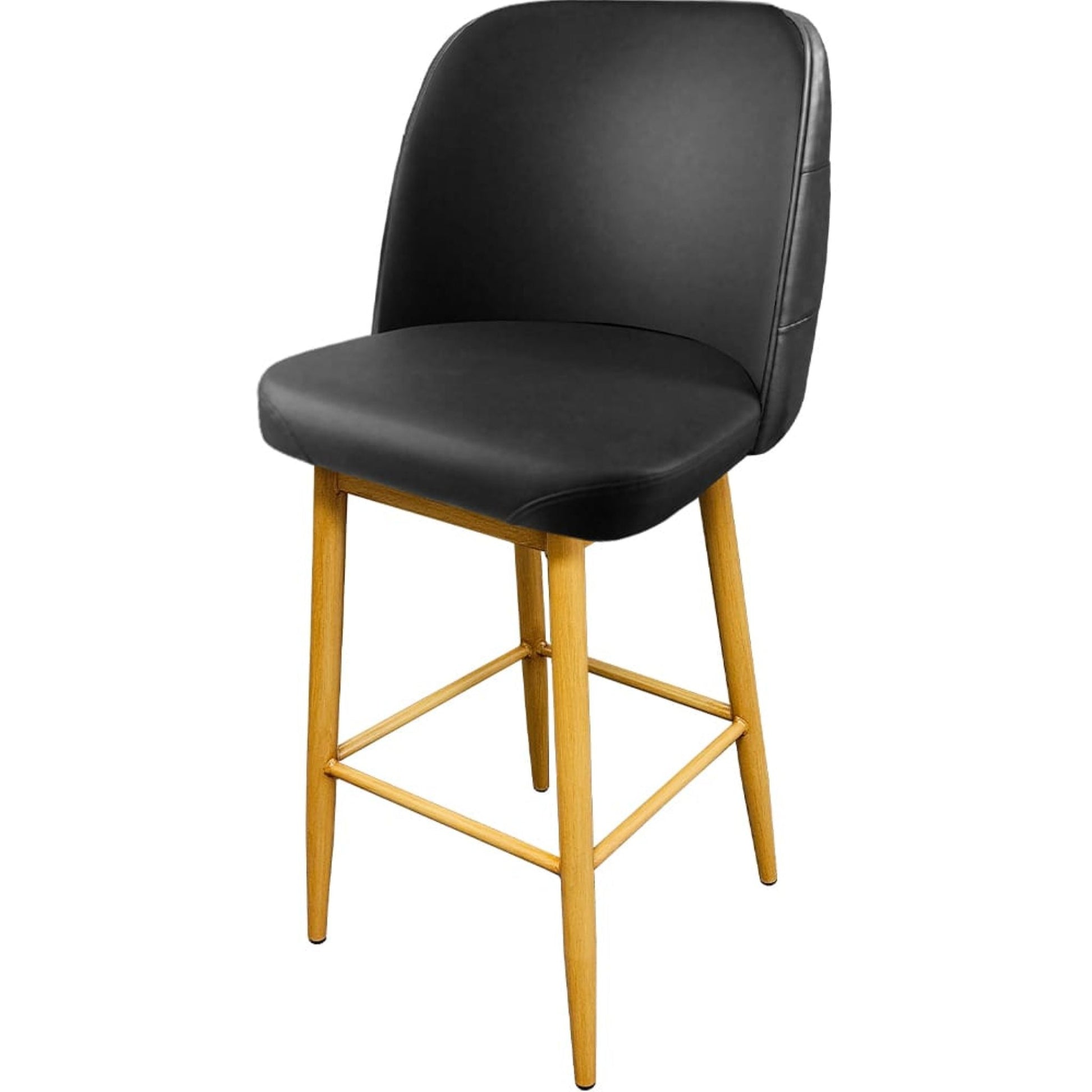 Amata barstool with tufted bucket, natural clear-coat frame and black upholstered seat