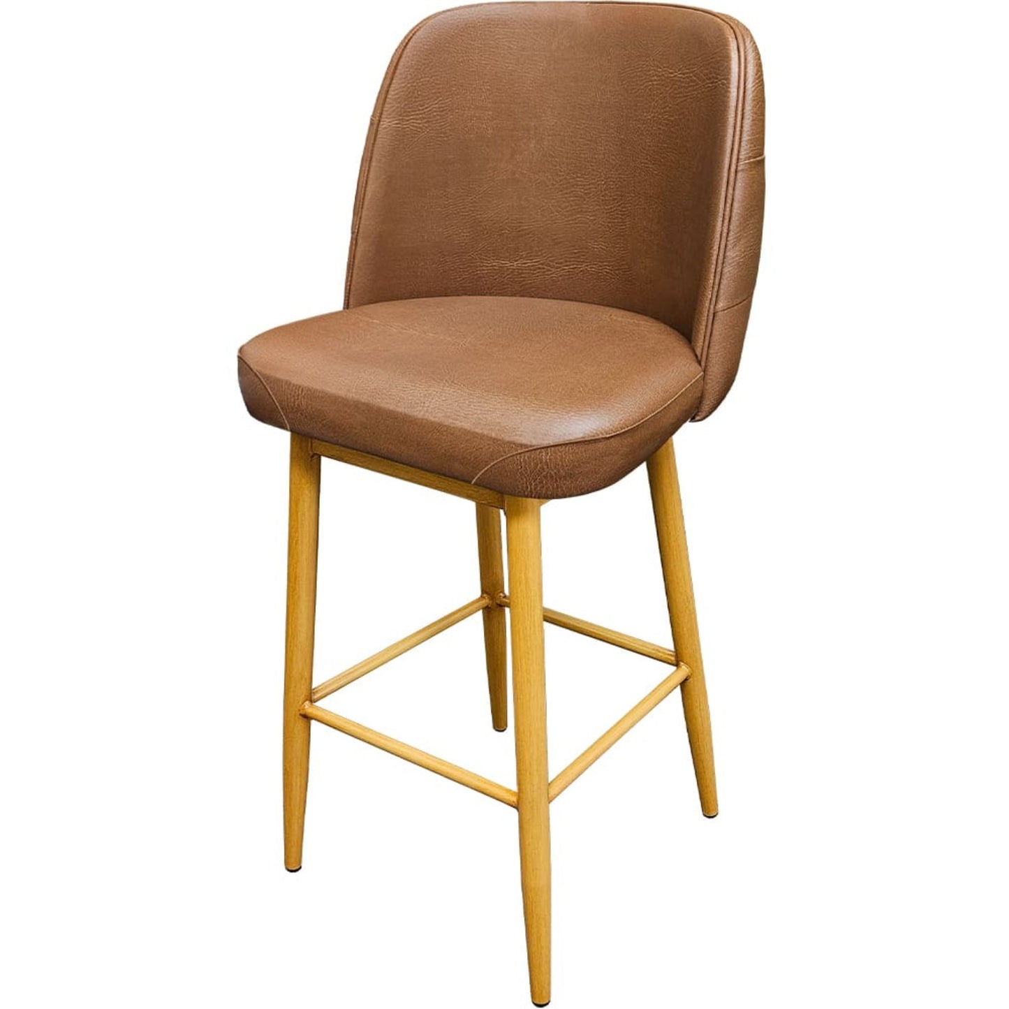 Amata barstool with tufted bucket, natural clear-coat frame and buckskin upholstered seat