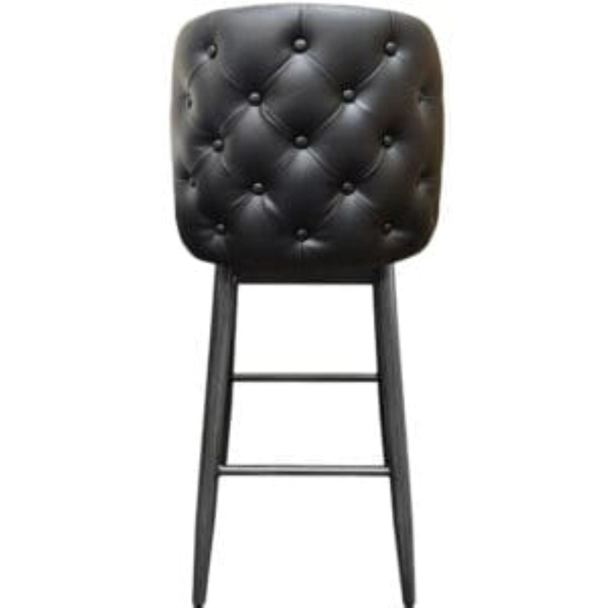 Amata barstool with tufted bucket, driftwood frame and black upholstered seat rear view