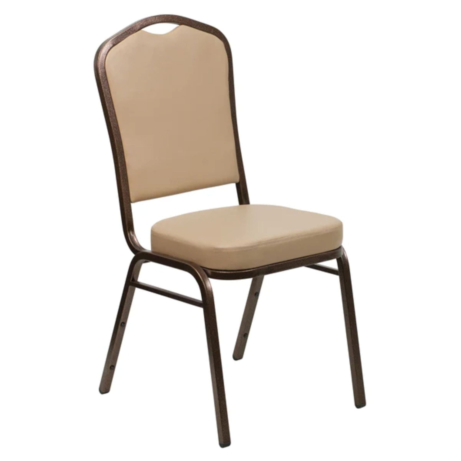 Crown back banquet chair with tan vinyl upholstery on a copper steel frame