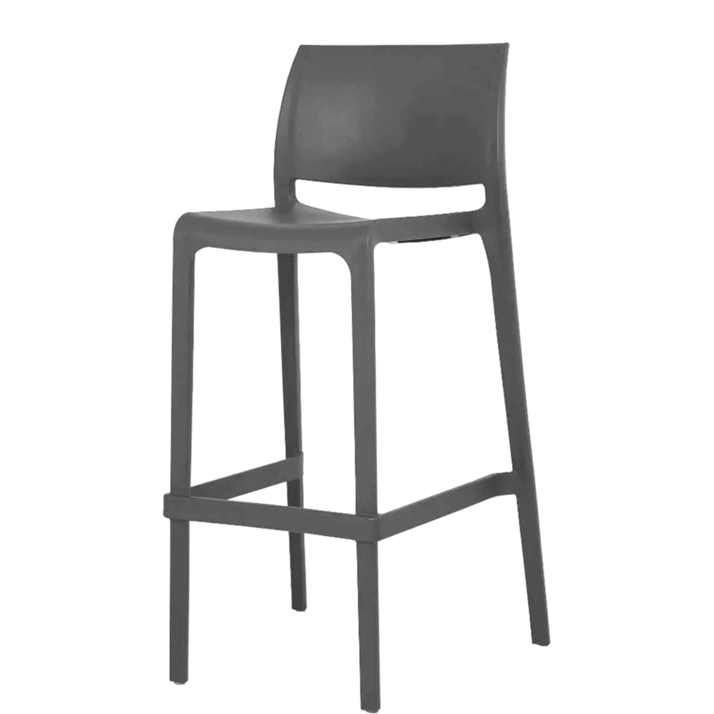 Iron gray modern resin outdoor barstool with curved back support and stackable design