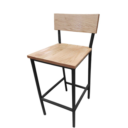 Commercial timber barstool with natural wood back and seat and black sandtex metal frame