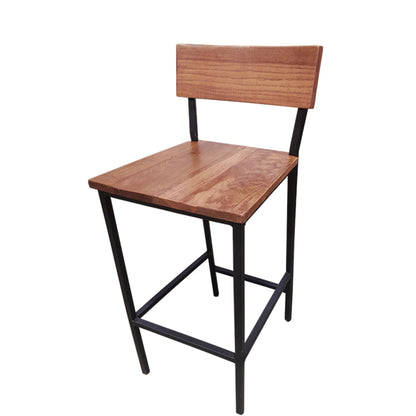 Commercial timber barstool with timber-stain wood back and seat and black sandtex metal frame