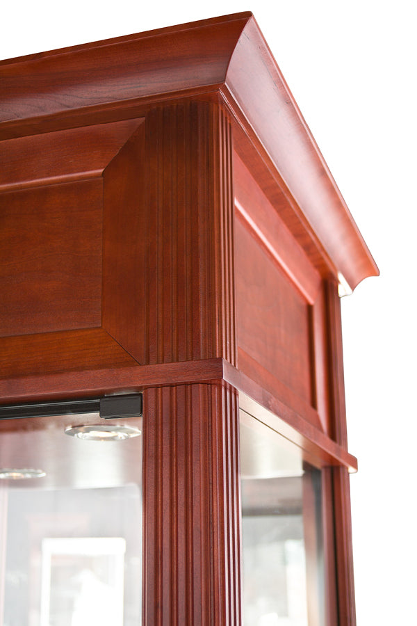Close-up zoom of the Euro Classic Tower Display Case showing detailed tempered-glass panels, adjustable shelf brackets, and top LED lighting within the display are
